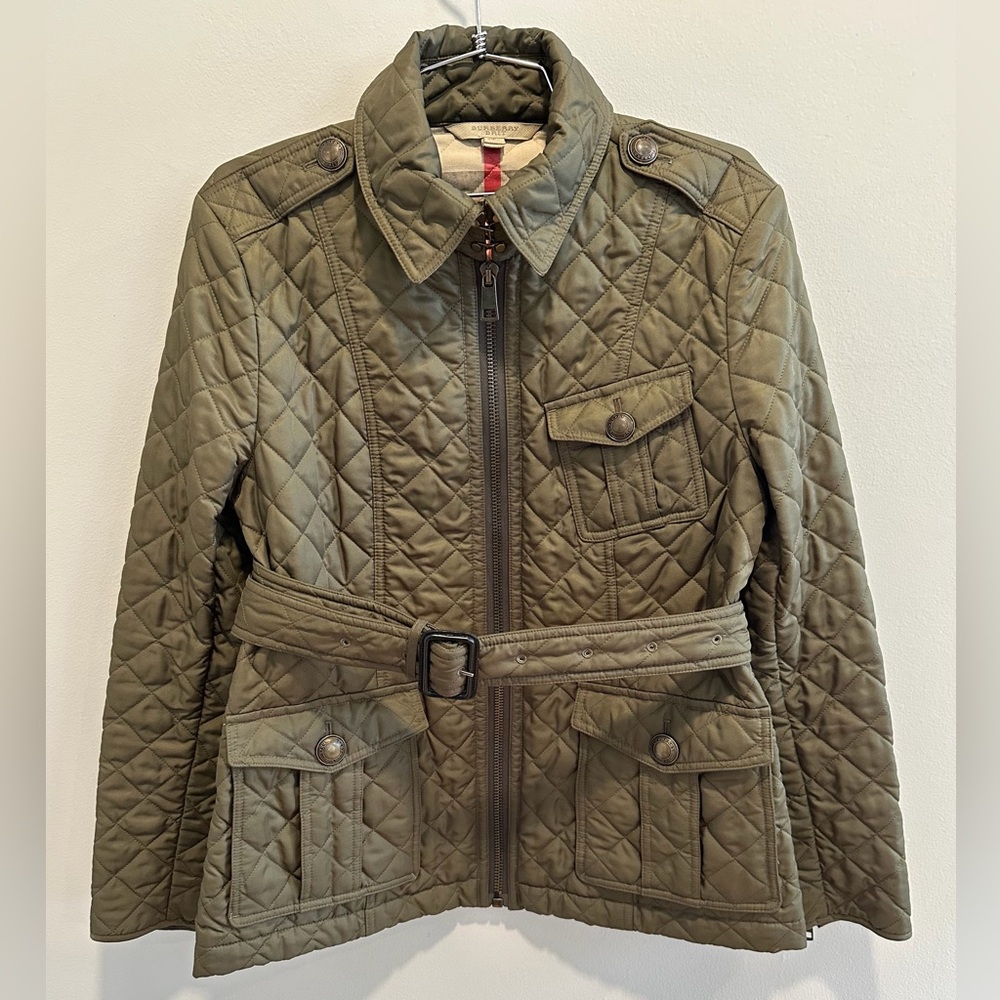Burberry Brit Women’s Olive Green Quilted Jacket Belted Check Lining Size L